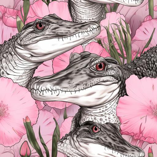 black and white pencil drawing of aligators with lilly pads, light pink background lilly pullitzer style --tile --v 5.2