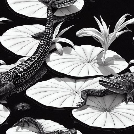 black and white pencil drawing of aligators with lilly pads, light pink background lilly pullitzer style --test --tile