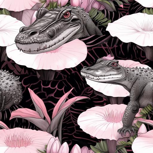 black and white pencil drawing of aligators with lilly pads, light pink background lilly pullitzer style --tile --v 5.2