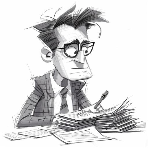 black and white pencil sketch of cartoon accountant exaggerating characteristics for comic effect