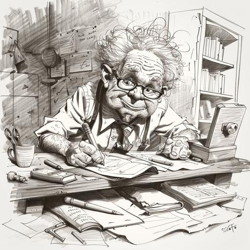 black and white pencil sketch of cartoon accountant exaggerating characteristics for comic effect to draw a carpenter