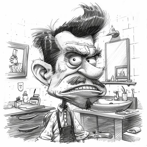 black and white pencil sketch of cartoon barber exaggerating characteristics for comic effect