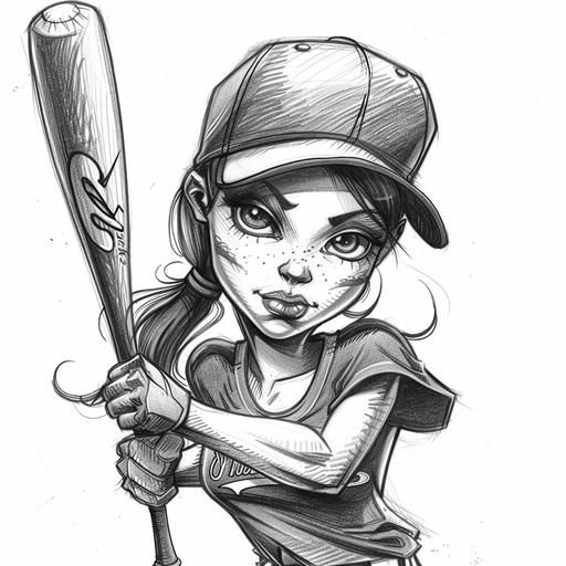 black and white pencil sketch of cartoon female baseball player exaggerating characteristics for comic effect