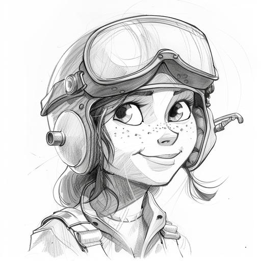 black and white pencil sketch of cartoon female pilot exaggerating characteristics for comic effect