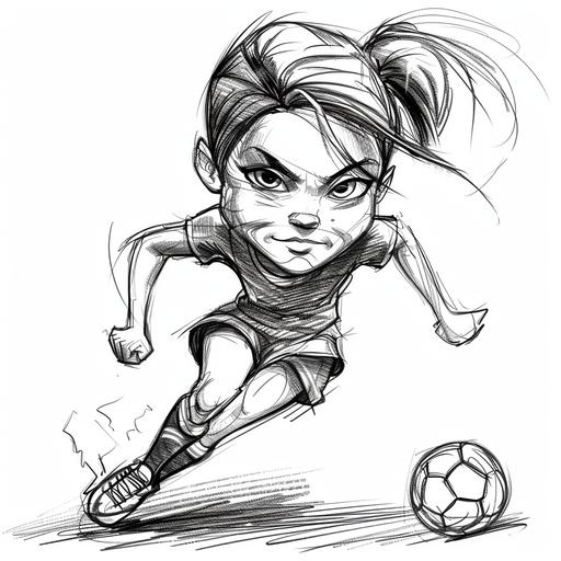 black and white pencil sketch of cartoon female soccer player exaggerating characteristics for comic effect