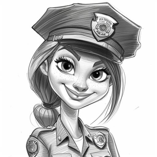 black and white pencil sketch of cartoon female police officer exaggerating characteristics for comic effect