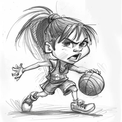 black and white pencil sketch of cartoon female basketball player exaggerating characteristics for comic effect