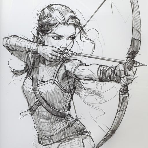 black and white pencil sketch of cartoon female archer exaggerating characteristics for comic effect