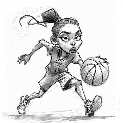 black and white pencil sketch of cartoon female basketball player exaggerating characteristics for comic effect