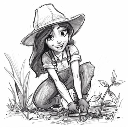 black and white pencil sketch of cartoon female gardener exaggerating characteristics for comic effect