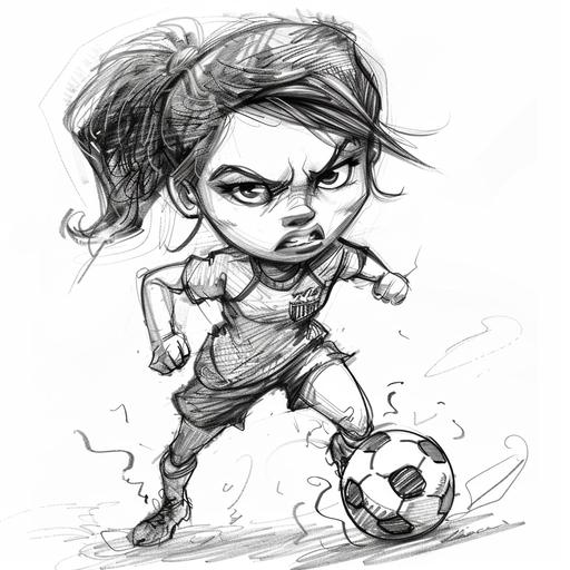 black and white pencil sketch of cartoon female soccer player exaggerating characteristics for comic effect