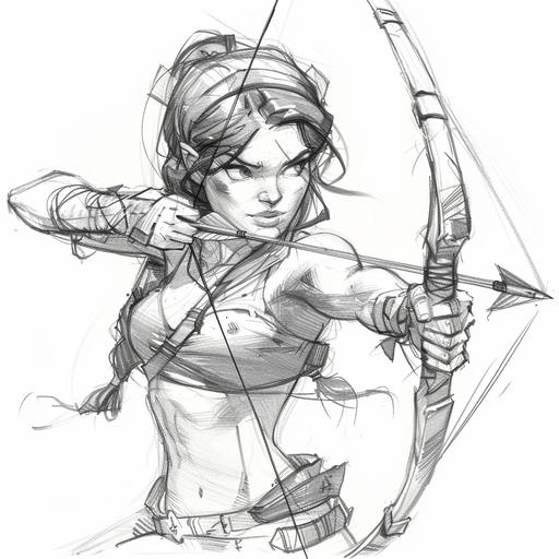 black and white pencil sketch of cartoon female archer exaggerating characteristics for comic effect