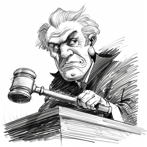 black and white pencil sketch of cartoon judge with gavel exaggerating characteristics for comic effect