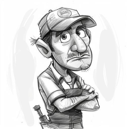 black and white pencil sketch of cartoon male plumber exaggerating characteristics for comic effect