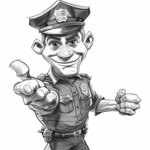 black and white pencil sketch of cartoon male police officer exaggerating characteristics for comic effect