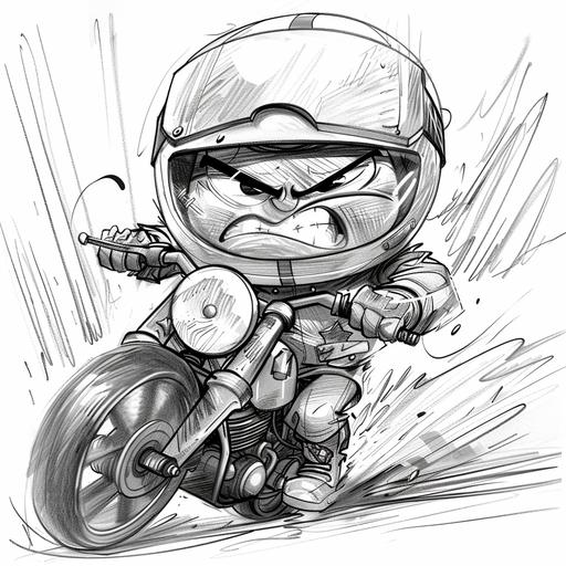 black and white pencil sketch of cartoon moto GP pilot exaggerating characteristics for comic effect