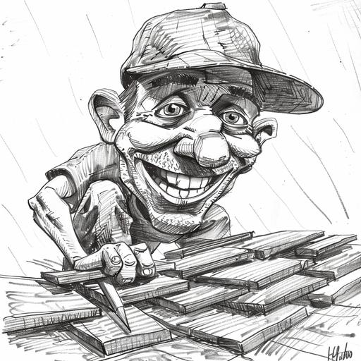 black and white pencil sketch of cartoon smiling carpenter exaggerating characteristicson working a roof for comic effect