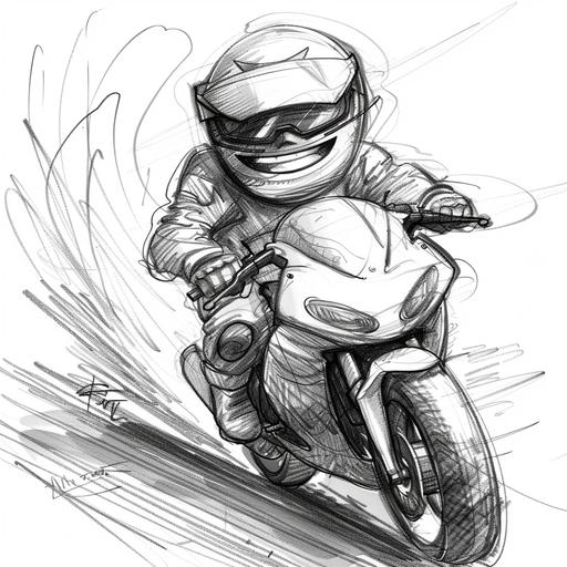 black and white pencil sketch of cartoon smiling moto GP pilot exaggerating characteristics riding a sport bike who is drifting for comic effect --v 6.0