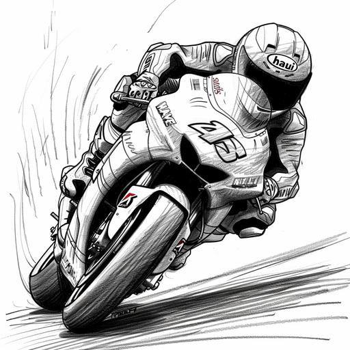 black and white pencil sketch of cartoon smiling moto GP pilot exaggerating characteristics riding a sport bike who is drifting for comic effect