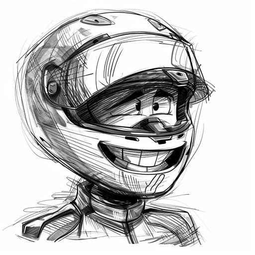 black and white pencil sketch of cartoon smiling moto GP pilot exaggerating characteristics for comic effect