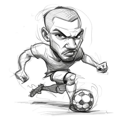 black and white pencil sketch of cartoon soccer player exaggerating characteristics for comic effect