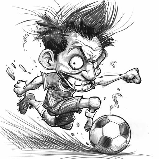 black and white pencil sketch of cartoon soccer player exaggerating characteristics for comic effect