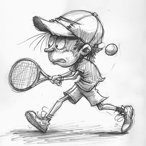 black and white pencil sketch of cartoon tennis player exaggerating characteristics for comic effect