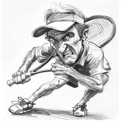 black and white pencil sketch of cartoon tennis player exaggerating characteristics for comic effect