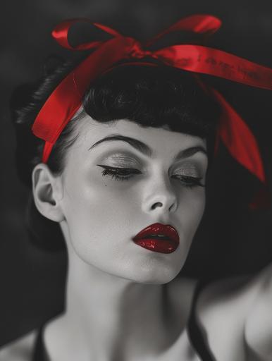 black and white photo of real life Betty boop with red lipstick and a red ribbon tied in a bow in her hair --ar 3:4