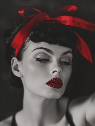 black and white photo of real life Betty boop with red lipstick and a red ribbon tied in a bow in her hair --ar 3:4 --v 6.0