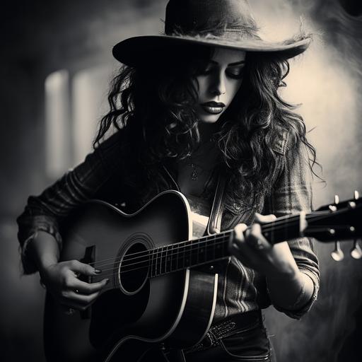 black and white photograph of lady with dark long curly hair singing , playing a guitar with cowboy hat on not showing face for cover art