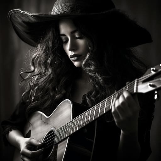 black and white photograph of lady with dark long curly hair singing , playing a guitar with cowboy hat on not showing face for cover art
