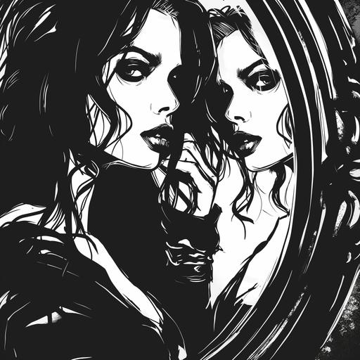 black and white picture with bold black outlines comic style beautiful woman looking into the mirror and seeing herself as a monster picture is abstract style --v 6.0