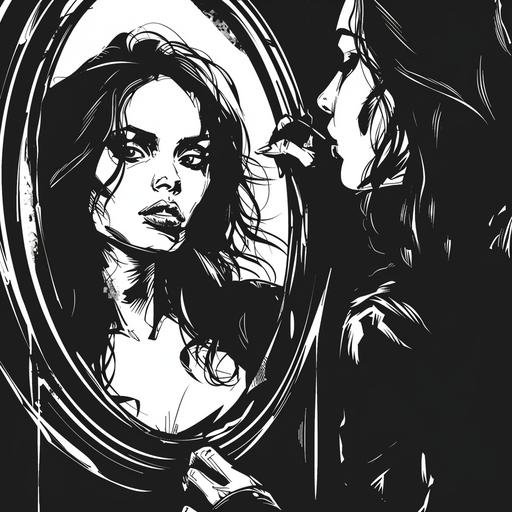 black and white picture with bold black outlines comic style beautiful woman looking into the mirror and seeing herself as a monster picture is abstract style