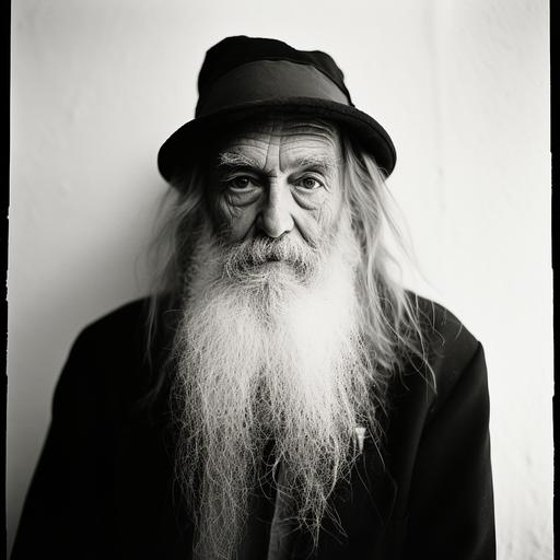 black and white portrait of a real poor Santa Claus in a white wall as photos of Richard Avedon. Camera Nikon FM2. Old film camera. Lot of grain