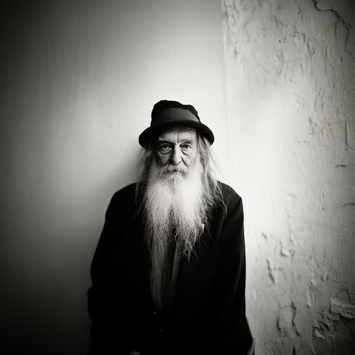 black and white portrait of a real poor Santa Claus in a white wall as photos of Richard Avedon. Camera Nikon FM2. Old film camera. Lot of grain