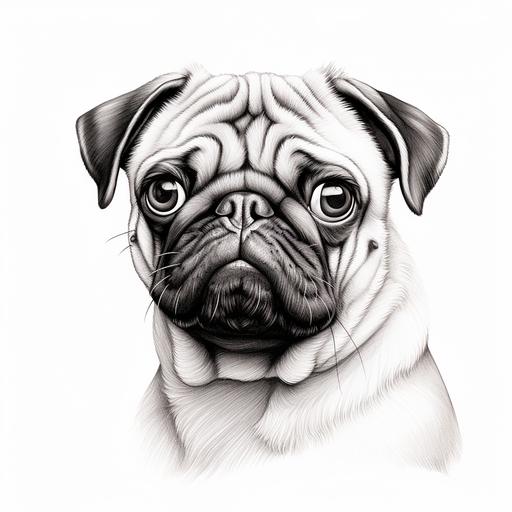 black and white pug thick lines, no shading, white background