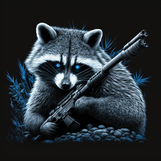 black and white racoon with blue eyes holding sniper rifle logo