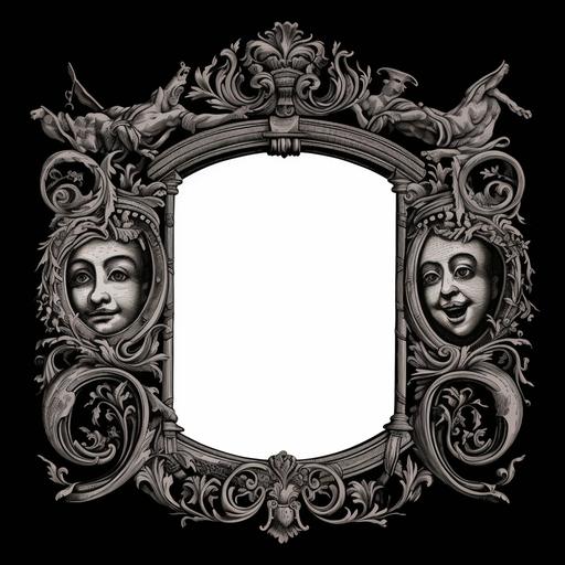 black and white renaissance style stipple drawing of frame with two greek comedy and drama masks