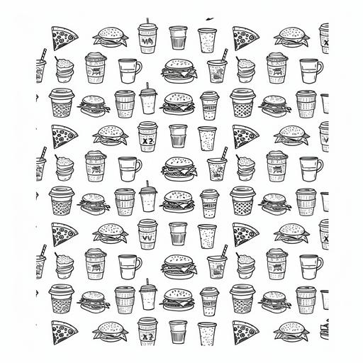 black and white repetitive pattern of vector graphics with one black line consisting of juice cups, burger sandwiches, pizza slices, and coffee cups on a white background