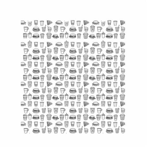 black and white repetitive pattern of vector graphics with one black line consisting of juice cups, burger sandwiches, pizza slices, and coffee cups on a white background