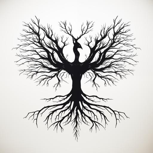 black and white silhouette of tree roots in the shape of an upside down eagle