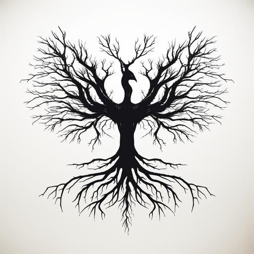 black and white silhouette of tree roots in the shape of an upside down eagle