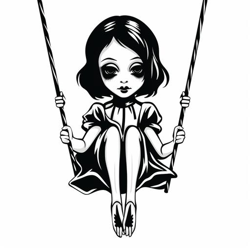 black and white simple vector illustration of a creepy doll sitting on a trapeze. Elbows close to her sides, reaching up to grab the ropes on each hand. Her back is facing the front of the image and her head is twised 180 degress to also face the front of the image. She is wearing a solid black, a-line dress. Her feet are dangling over the trapeze and you can see the bottom of both her feet. She is smiling with eyebrows furrowed and eyes narrowed.