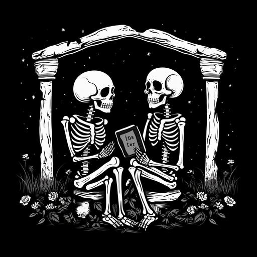 black and white skeleton couple sitting on stone gravestone cute cartoon creepy