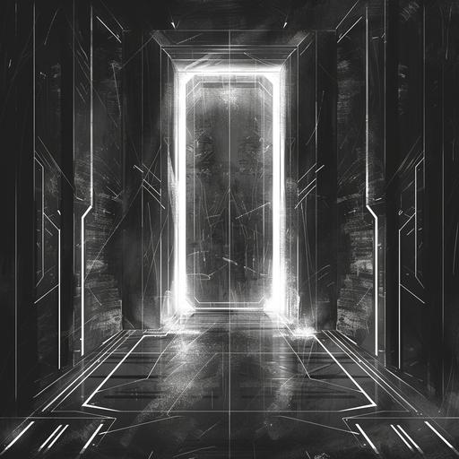 black and white sketch illustration of a giant titanium door at the end of a dark corridor --v 6.0