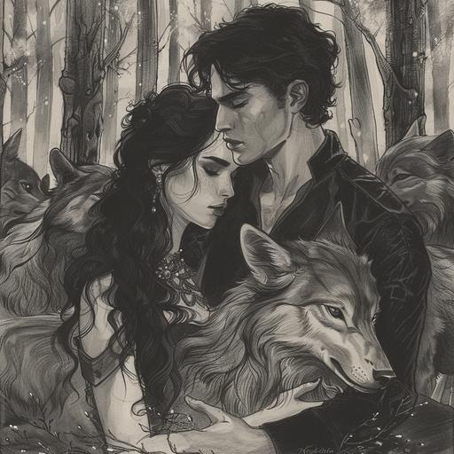black and white sketch of a handsome, fit 22-year-old, caucasian male , with black hair, blue eyes with a 19-year-old caucasian, girl, wearing a fashion dress long black hair, silver eyes, embracing, surrounded by wolves in a forrest