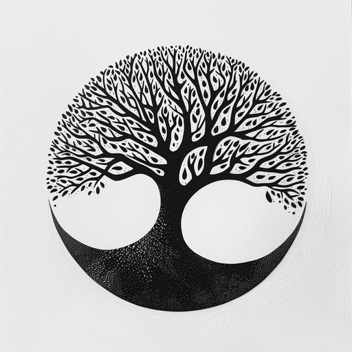 black and white tree torus lino cut style logo design minimalistic black and white