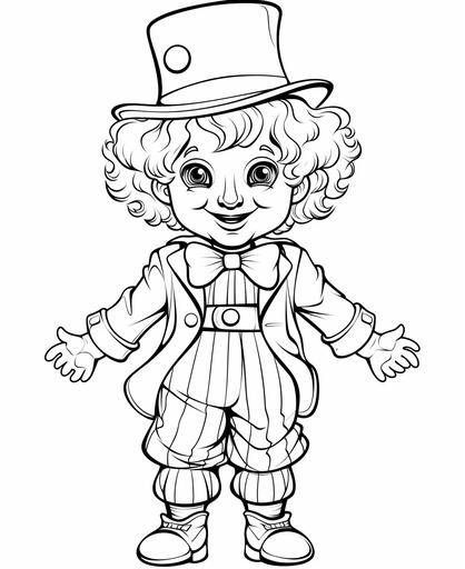 black and white, white background, coloring page for kids, line art, outline, thick lines, crisp, cartoon style, clown halloween costume--no color, no shade --ar 9:11