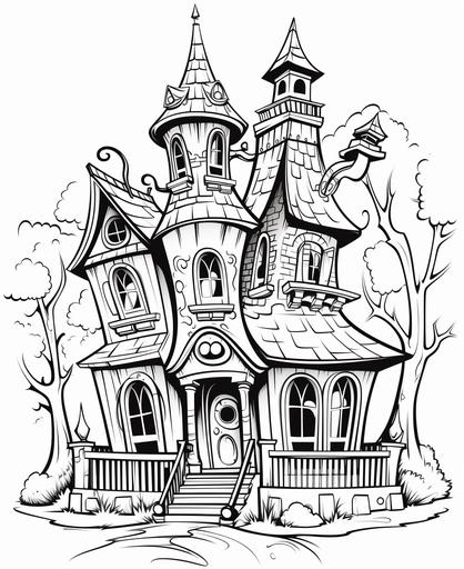 black and white, white background, coloring page for kids, line art, outline, thick lines, crisp, cartoon style, haunted house--no color, no shade --ar 9:11